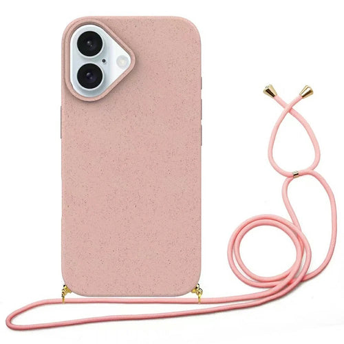 For iPhone 16 Case Biodegradable Wheat Straw+TPU Anti-Drop Phone Cover with Long Lanyard - Pink - 1