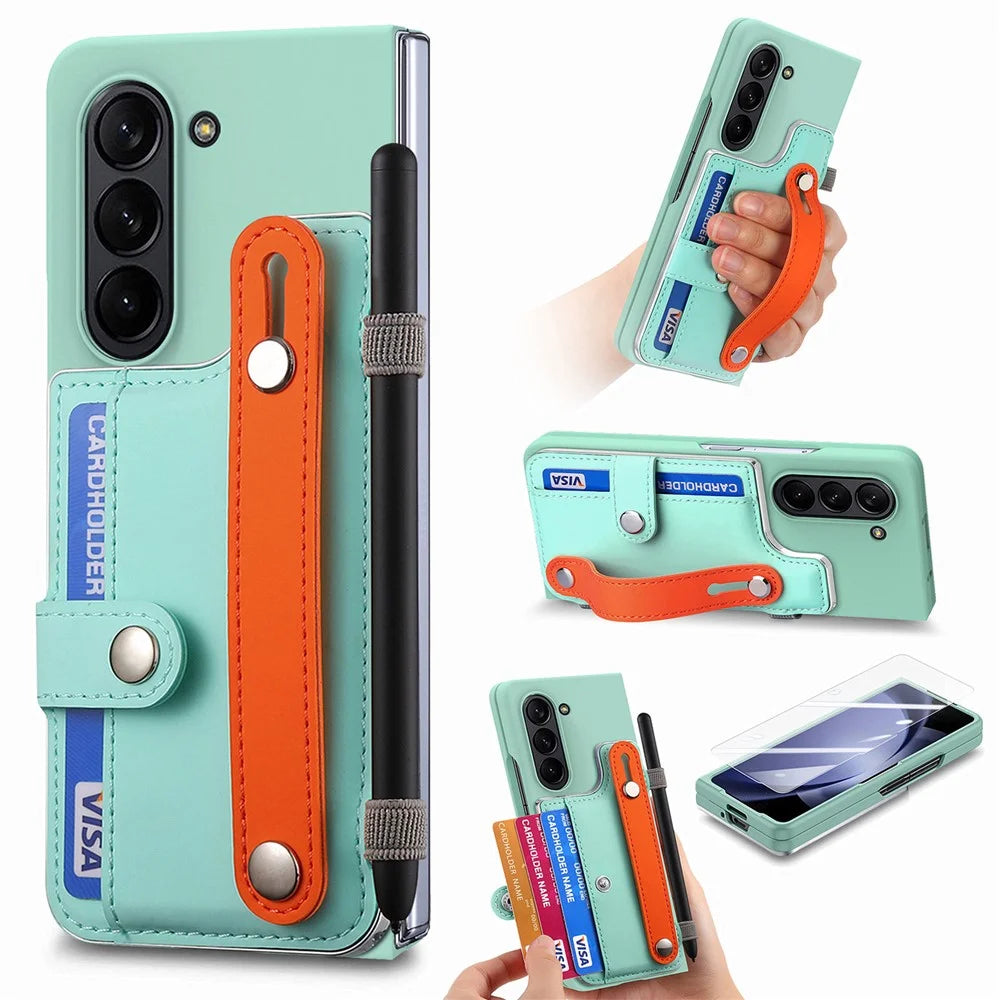For Samsung Galaxy Z Fold6 5G Case Wristband Kickstand Leather+PC Phone Cover with Screen Film - Light Green - 1