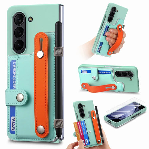 For Samsung Galaxy Z Fold6 5G Case Wristband Kickstand Leather+PC Phone Cover with Screen Film - Light Green - 1