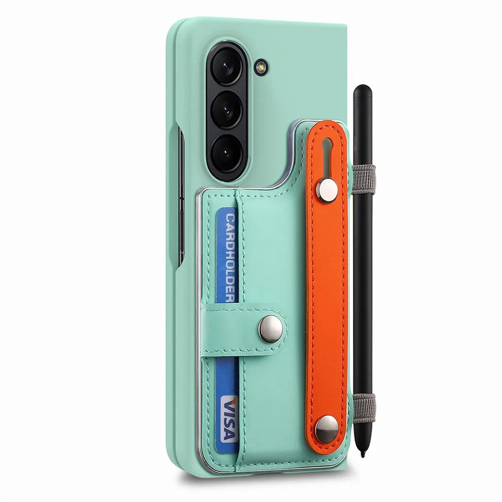 For Samsung Galaxy Z Fold6 5G Case Wristband Kickstand Leather+PC Phone Cover with Screen Film - Light Green - 2
