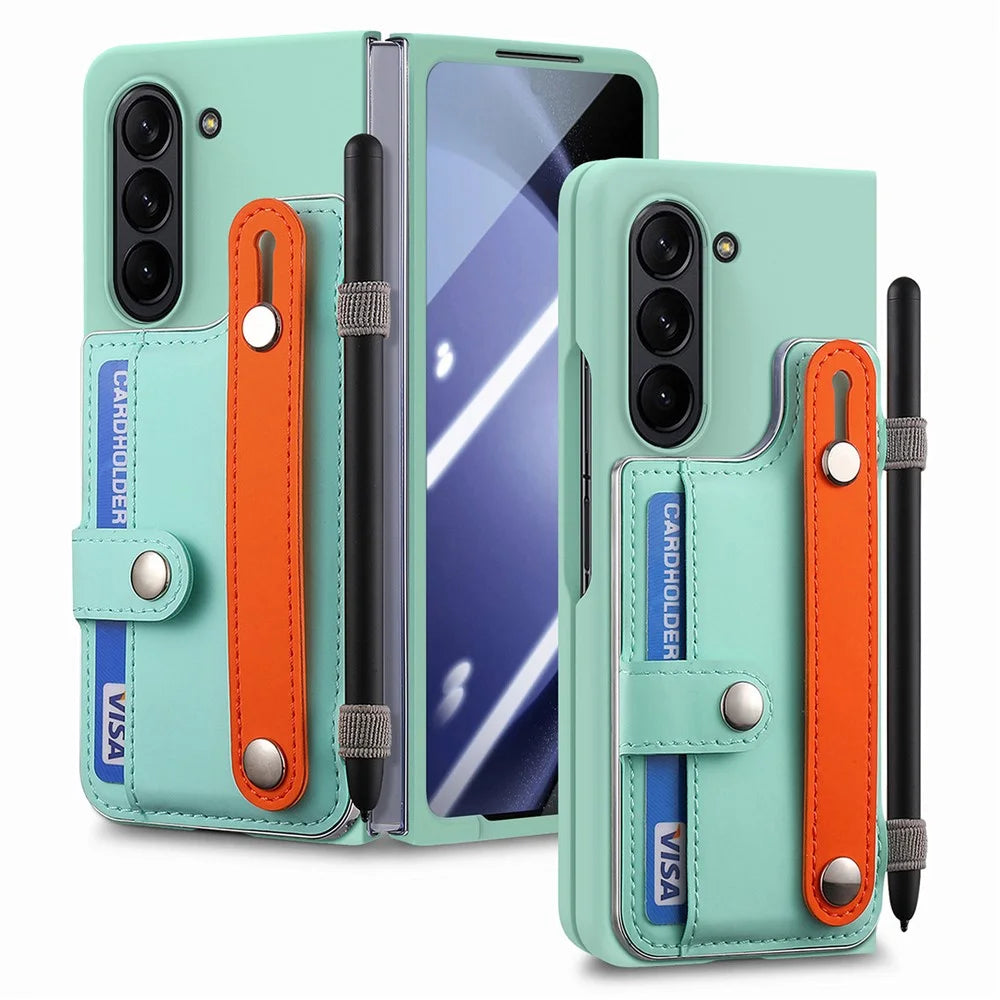 For Samsung Galaxy Z Fold6 5G Case Wristband Kickstand Leather+PC Phone Cover with Screen Film - Light Green - 4