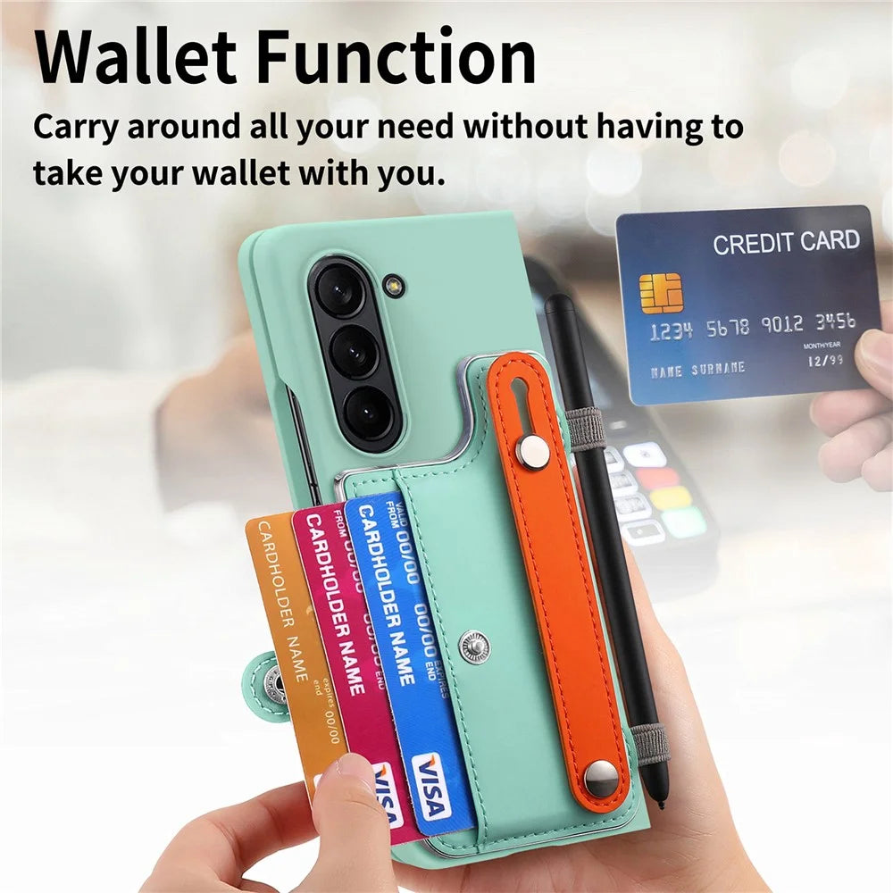 For Samsung Galaxy Z Fold6 5G Case Wristband Kickstand Leather+PC Phone Cover with Screen Film - Light Green - 6