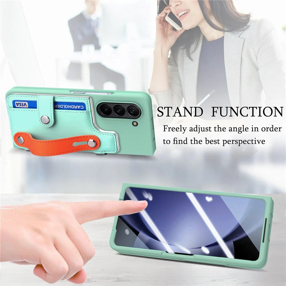For Samsung Galaxy Z Fold6 5G Case Wristband Kickstand Leather+PC Phone Cover with Screen Film - Light Green - 7