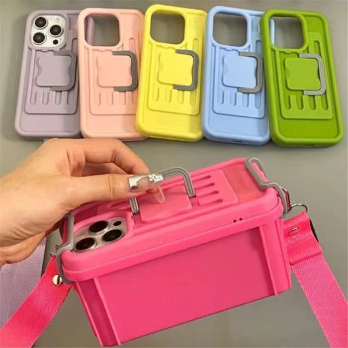 XX Series For iPhone 14 Pro Max Case Creative Storage Box PC+TPU Phone Cover with Crossbody Strap - Rose - 3