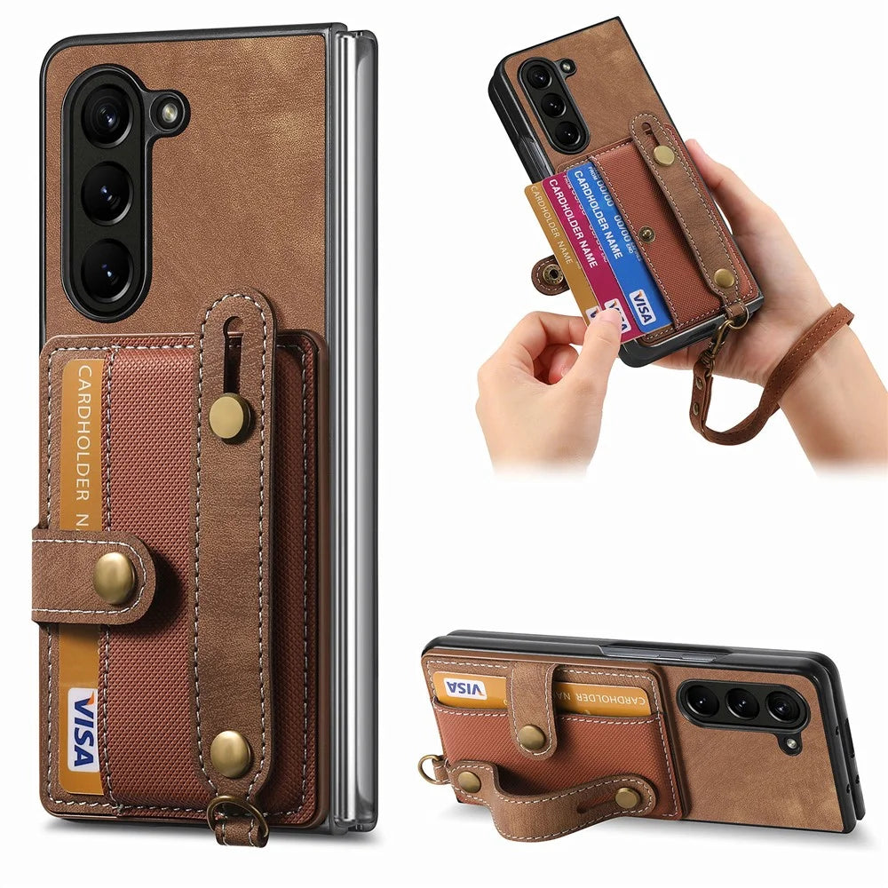 For Samsung Galaxy Z Fold6 5G Case Card Holder Wristband Leather+PC Cover with Strap - Brown - 1