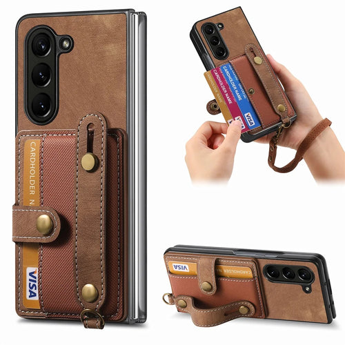 For Samsung Galaxy Z Fold6 5G Case Card Holder Wristband Leather+PC Cover with Strap - Brown - 1