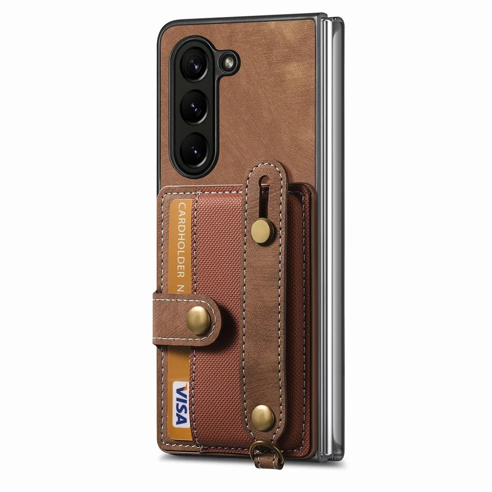 For Samsung Galaxy Z Fold6 5G Case Card Holder Wristband Leather+PC Cover with Strap - Brown - 2
