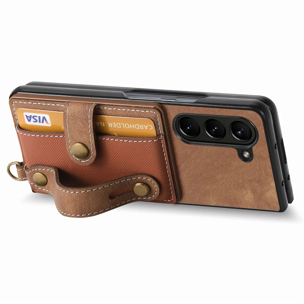 For Samsung Galaxy Z Fold6 5G Case Card Holder Wristband Leather+PC Cover with Strap - Brown - 3