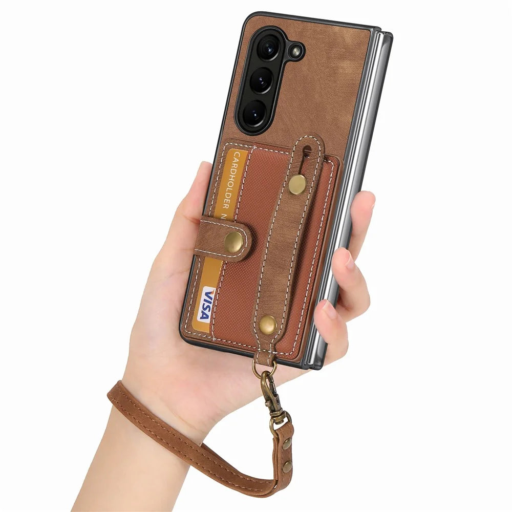For Samsung Galaxy Z Fold6 5G Case Card Holder Wristband Leather+PC Cover with Strap - Brown - 4