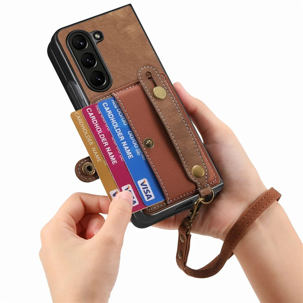 For Samsung Galaxy Z Fold6 5G Case Card Holder Wristband Leather+PC Cover with Strap - Brown - 5