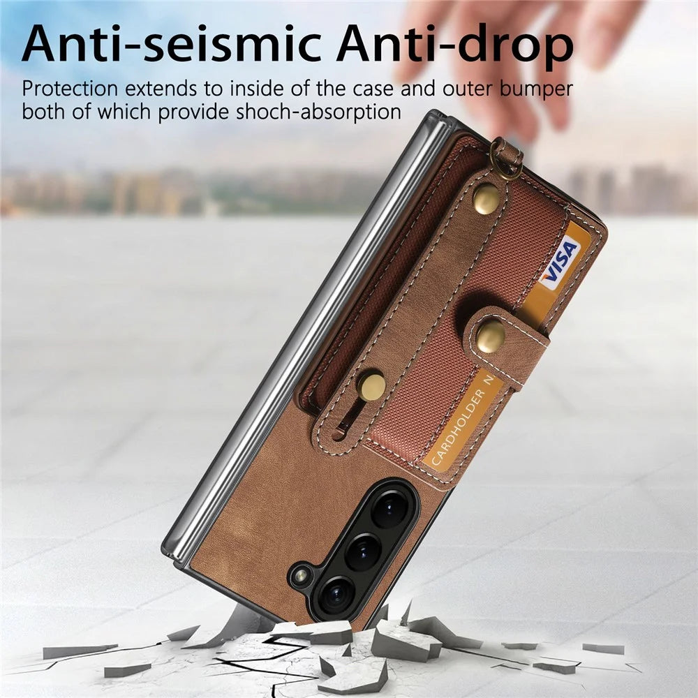 For Samsung Galaxy Z Fold6 5G Case Card Holder Wristband Leather+PC Cover with Strap - Brown - 6