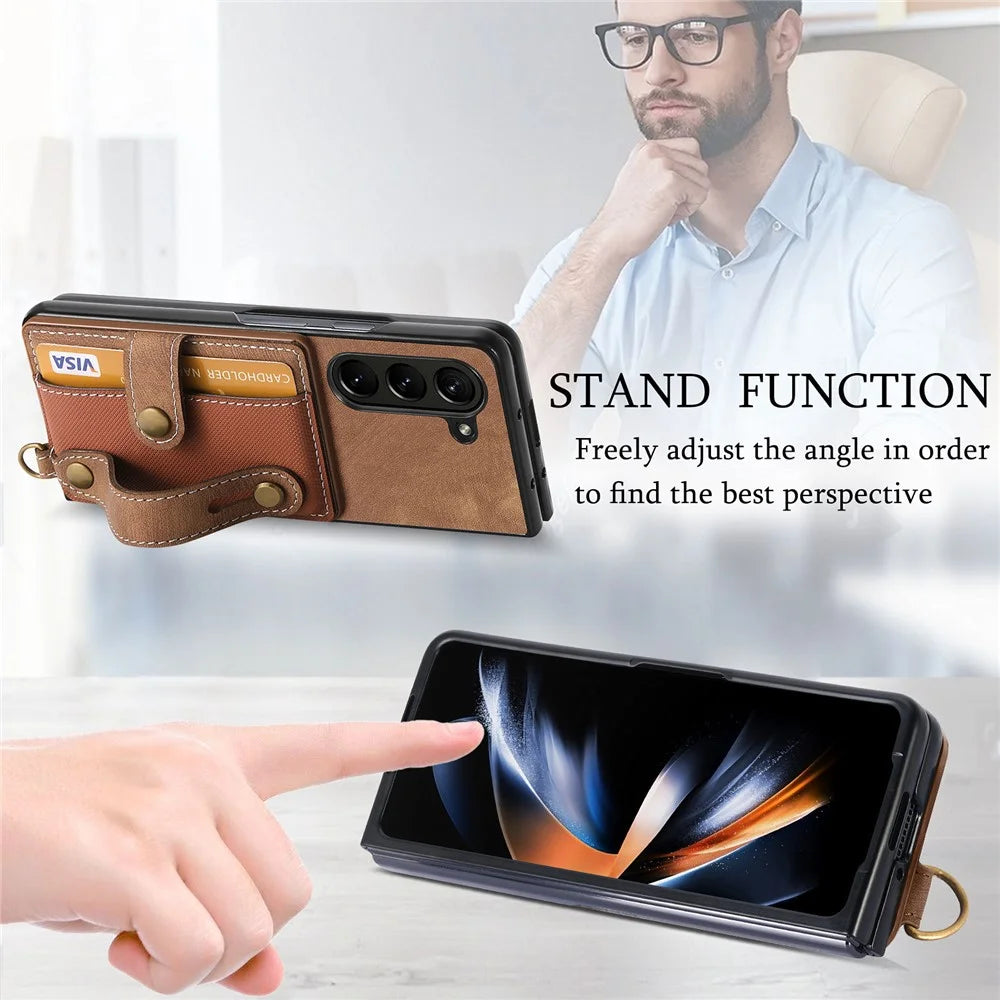For Samsung Galaxy Z Fold6 5G Case Card Holder Wristband Leather+PC Cover with Strap - Brown - 7