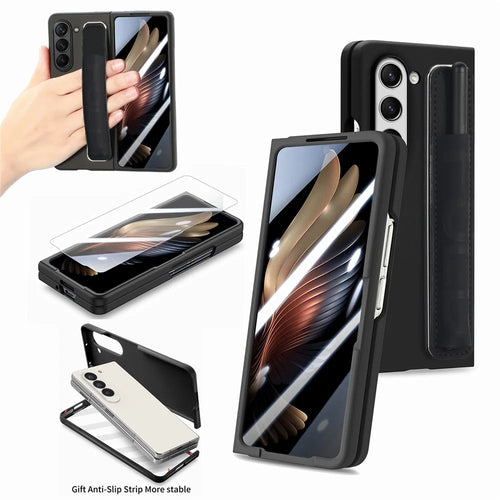 For Samsung Galaxy Z Fold6 5G Case Wristband Pen Slot Leather+PC Phone Cover with Screen Film - Black - 1