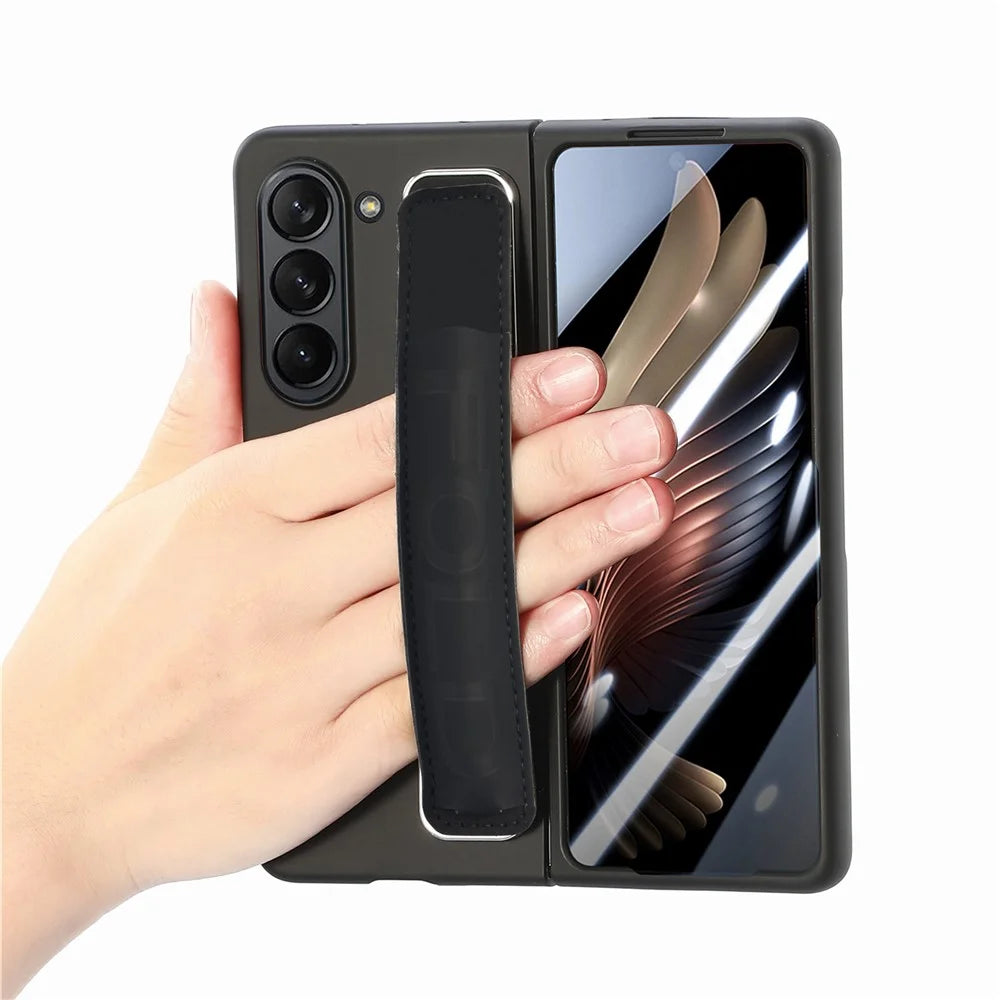 For Samsung Galaxy Z Fold6 5G Case Wristband Pen Slot Leather+PC Phone Cover with Screen Film - Black - 4