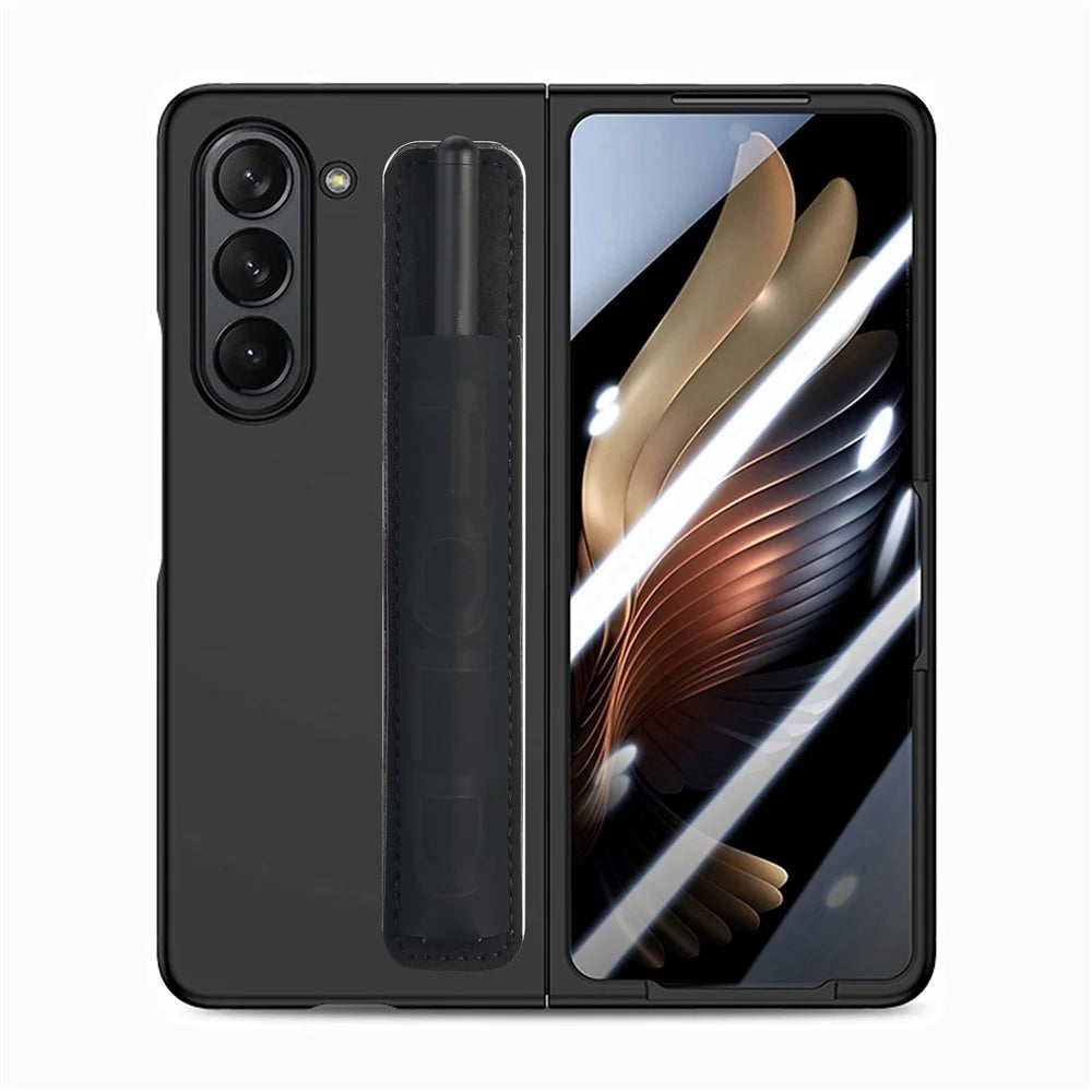 For Samsung Galaxy Z Fold6 5G Case Wristband Pen Slot Leather+PC Phone Cover with Screen Film - Black - 5