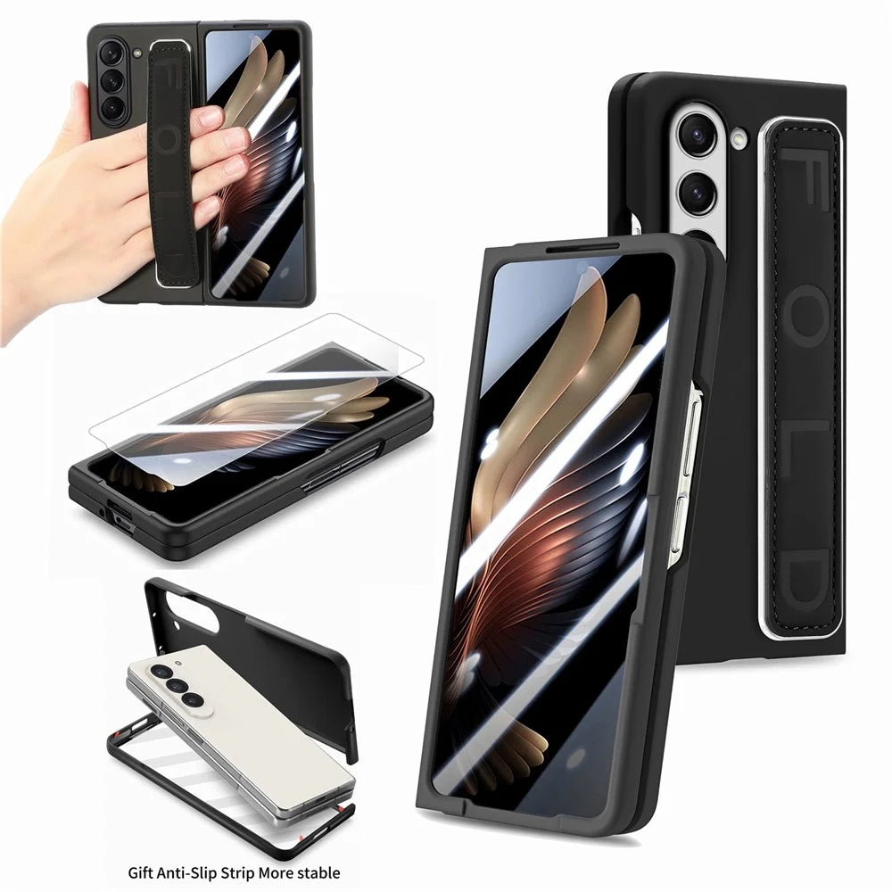 For Samsung Galaxy Z Fold6 5G Case Anti-Drop Wristband Leather+PC Phone Cover with Screen Film - Black - 1