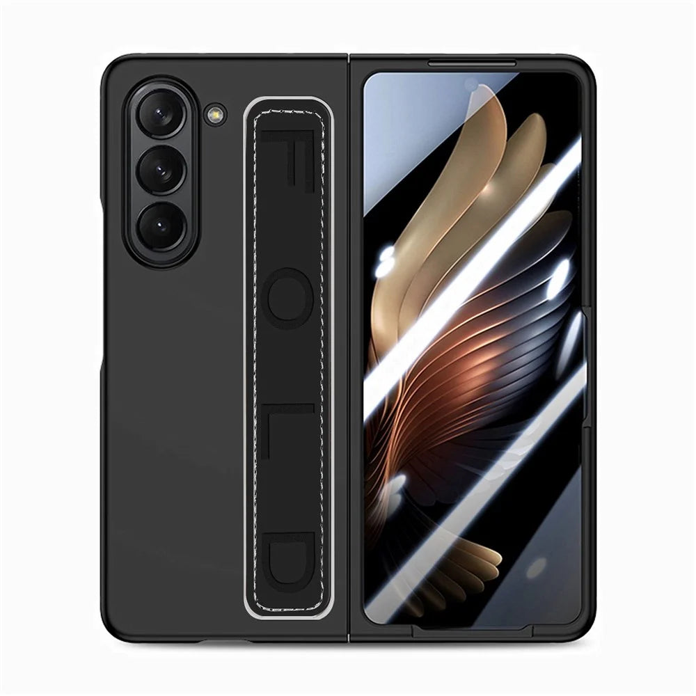 For Samsung Galaxy Z Fold6 5G Case Anti-Drop Wristband Leather+PC Phone Cover with Screen Film - Black - 5