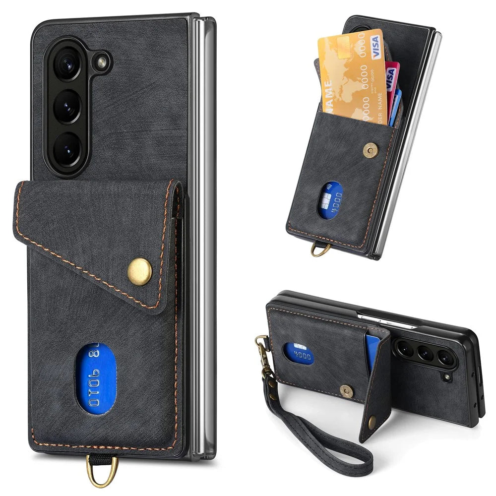 D1 For Samsung Galaxy Z Fold6 5G Case Kickstand Card Bag Leather+PC Phone Cover with Strap - Black - 1
