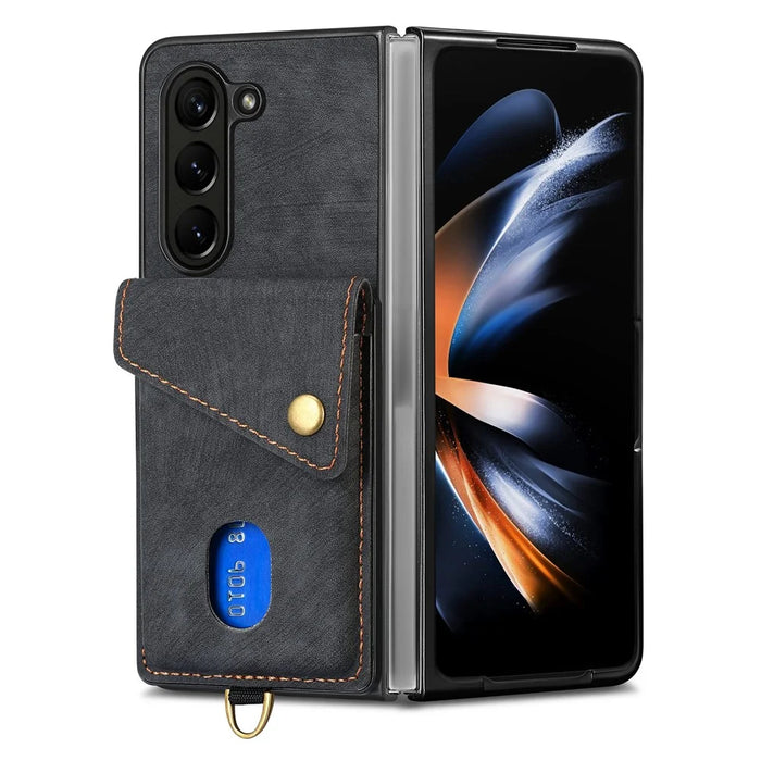 D1 For Samsung Galaxy Z Fold6 5G Case Kickstand Card Bag Leather+PC Phone Cover with Strap - Black - 2