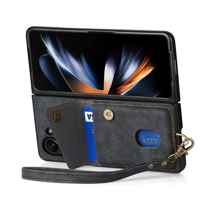 D1 For Samsung Galaxy Z Fold6 5G Case Kickstand Card Bag Leather+PC Phone Cover with Strap - Black - 3