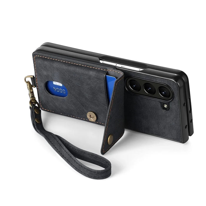 D1 For Samsung Galaxy Z Fold6 5G Case Kickstand Card Bag Leather+PC Phone Cover with Strap - Black - 4