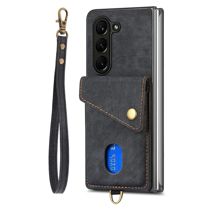 D1 For Samsung Galaxy Z Fold6 5G Case Kickstand Card Bag Leather+PC Phone Cover with Strap - Black - 5