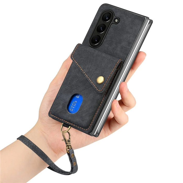 D1 For Samsung Galaxy Z Fold6 5G Case Kickstand Card Bag Leather+PC Phone Cover with Strap - Black - 6