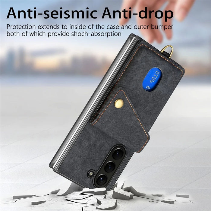 D1 For Samsung Galaxy Z Fold6 5G Case Kickstand Card Bag Leather+PC Phone Cover with Strap - Black - 7