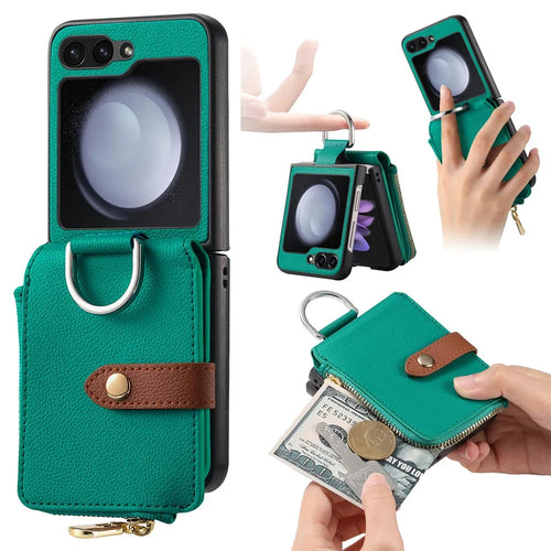 For Samsung Galaxy Z Flip7 FE 5G / Z Flip6 5G Case Zipper Pocket Leather+PC Phone Cover with Ring Holder - Green - 1
