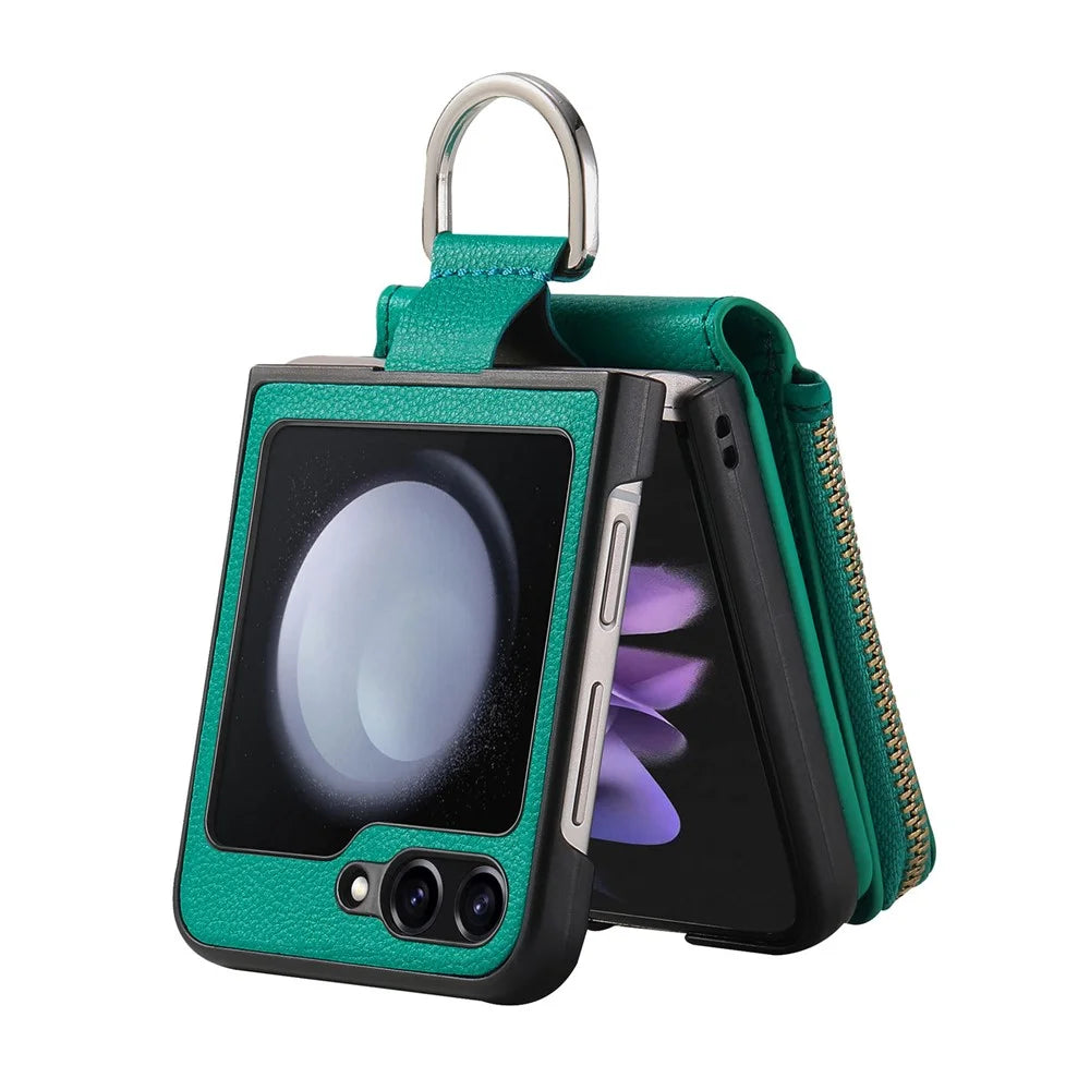 For Samsung Galaxy Z Flip7 FE 5G / Z Flip6 5G Case Zipper Pocket Leather+PC Phone Cover with Ring Holder - Green - 2