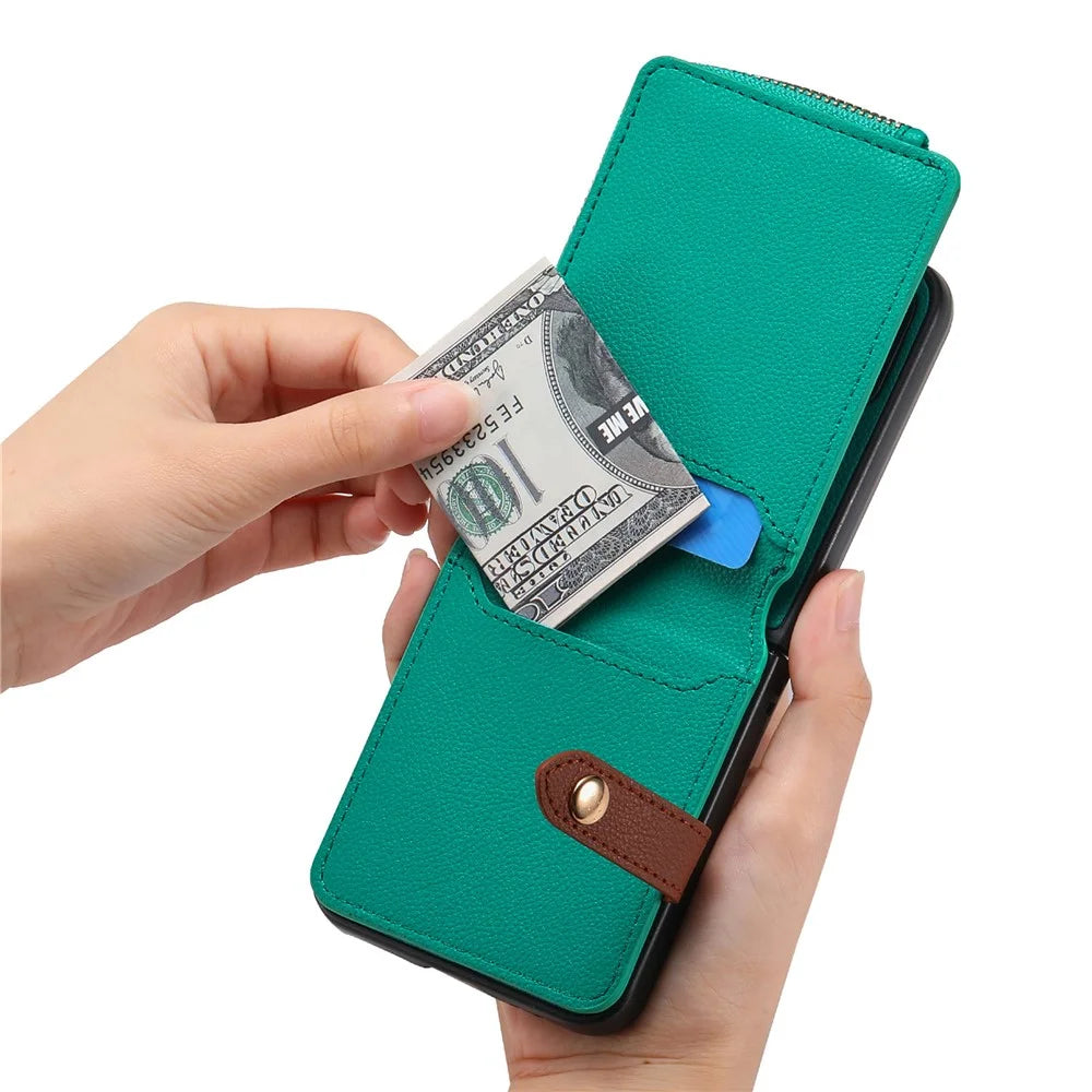 For Samsung Galaxy Z Flip7 FE 5G / Z Flip6 5G Case Zipper Pocket Leather+PC Phone Cover with Ring Holder - Green - 3