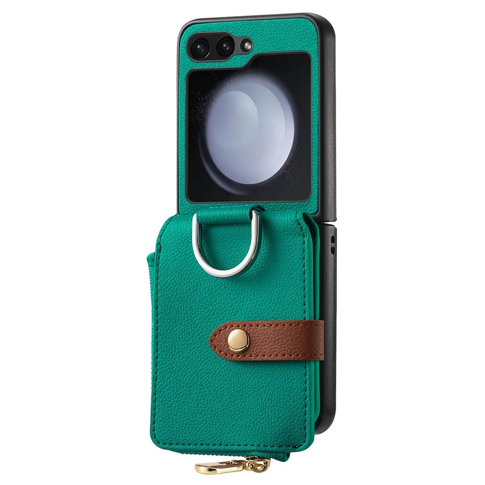 For Samsung Galaxy Z Flip7 FE 5G / Z Flip6 5G Case Zipper Pocket Leather+PC Phone Cover with Ring Holder - Green - 4