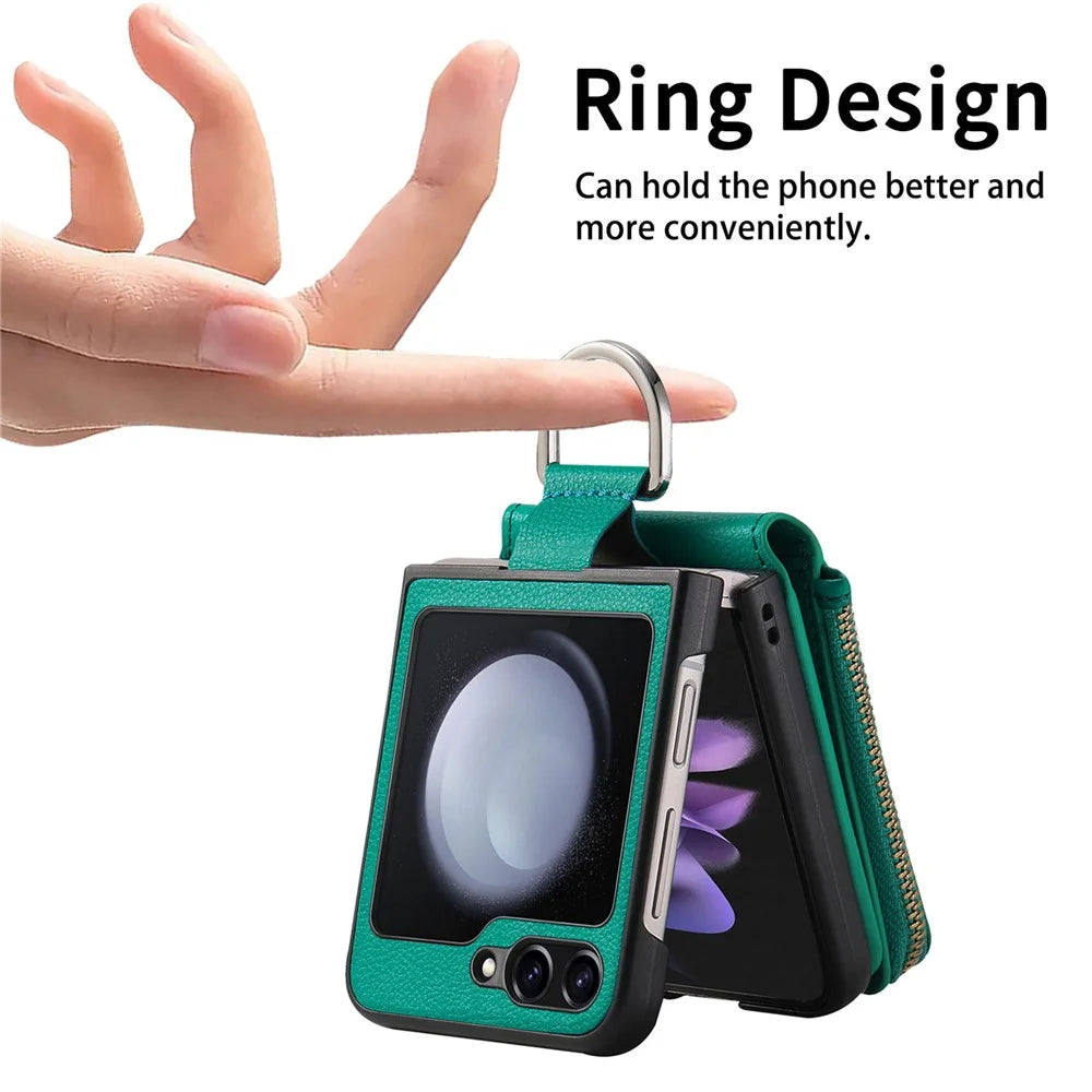 For Samsung Galaxy Z Flip7 FE 5G / Z Flip6 5G Case Zipper Pocket Leather+PC Phone Cover with Ring Holder - Green - 5