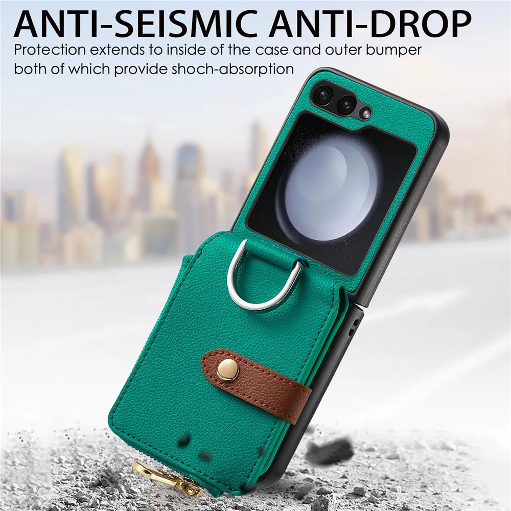 For Samsung Galaxy Z Flip7 FE 5G / Z Flip6 5G Case Zipper Pocket Leather+PC Phone Cover with Ring Holder - Green - 6