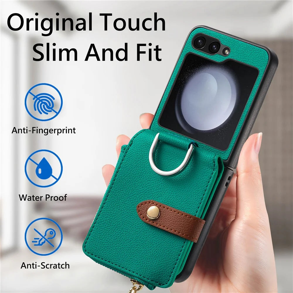 For Samsung Galaxy Z Flip7 FE 5G / Z Flip6 5G Case Zipper Pocket Leather+PC Phone Cover with Ring Holder - Green - 7