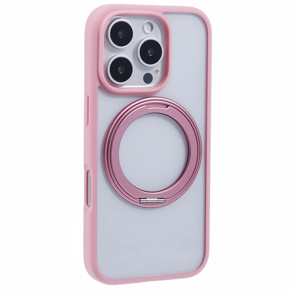 For iPhone 16 Pro Max Phone Case Ring Holder Kickstand PC+TPU Phone Cover - Pink - 1