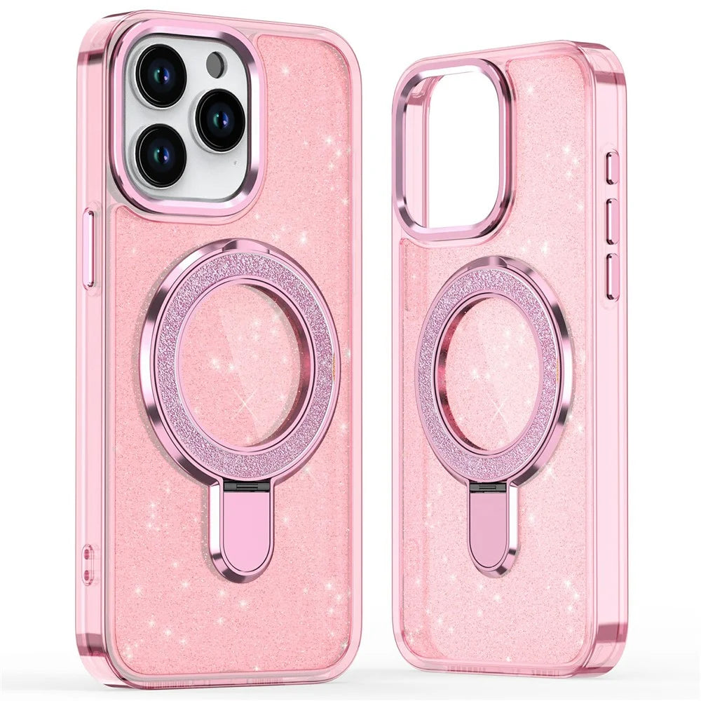 For iPhone 16 Pro Max Hybrid Case TPU+PC Kickstand Phone Protector Glitter Design - Pink - 1