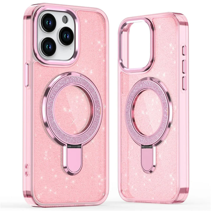 For iPhone 16 Pro Max Hybrid Case TPU+PC Kickstand Phone Protector Glitter Design - Pink - 1