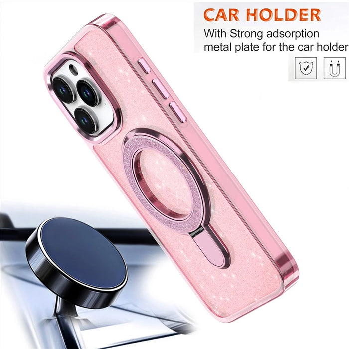 For iPhone 16 Pro Max Hybrid Case TPU+PC Kickstand Phone Protector Glitter Design - Pink - 5