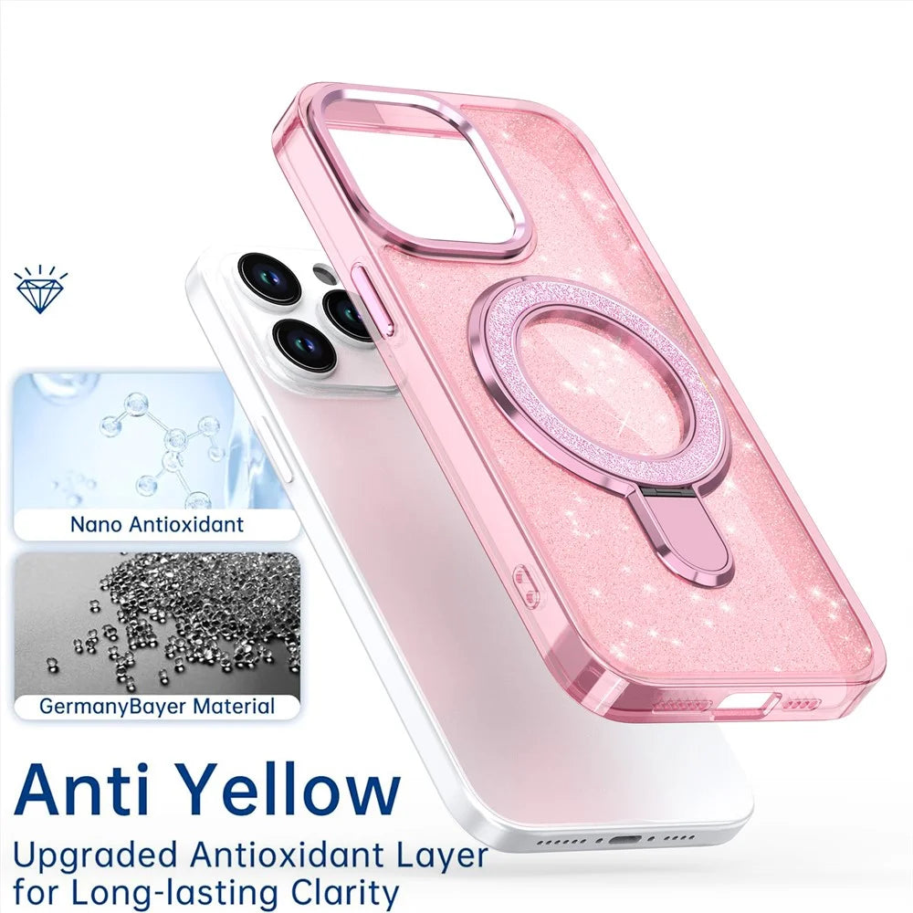 For iPhone 15 Pro Max Case Glitter Design TPU+PC Hybrid Phone Cover with Kickstand - Pink - 6