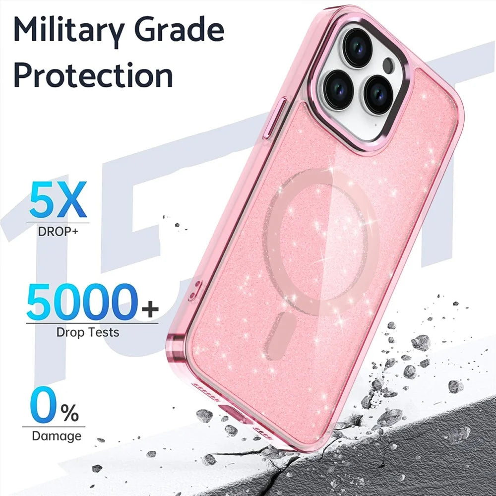 For iPhone 16 Pro Max Magnetic Case TPU+PC Phone Cover Glitter Design - Pink - 2
