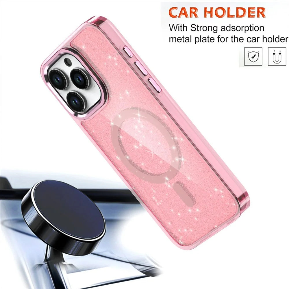 For iPhone 16 Pro Max Magnetic Case TPU+PC Phone Cover Glitter Design - Pink - 3