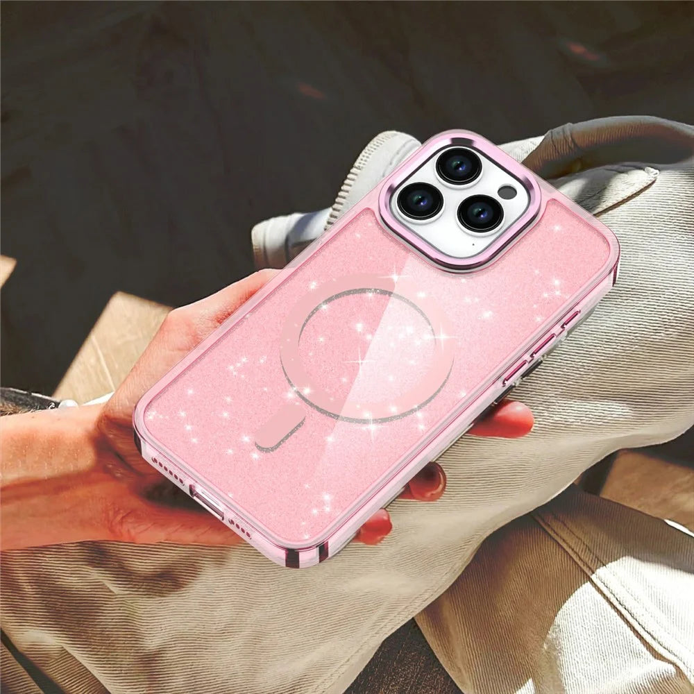For iPhone 16 Pro Max Magnetic Case TPU+PC Phone Cover Glitter Design - Pink - 6