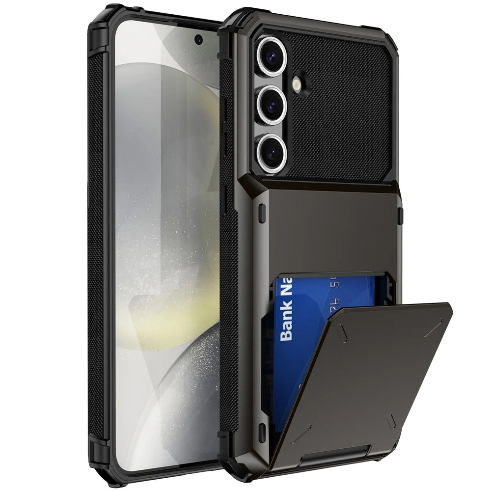 For Samsung Galaxy S24 FE Case PC+TPU Dual Layer Back Phone Cover with Card Holder - Black - 1