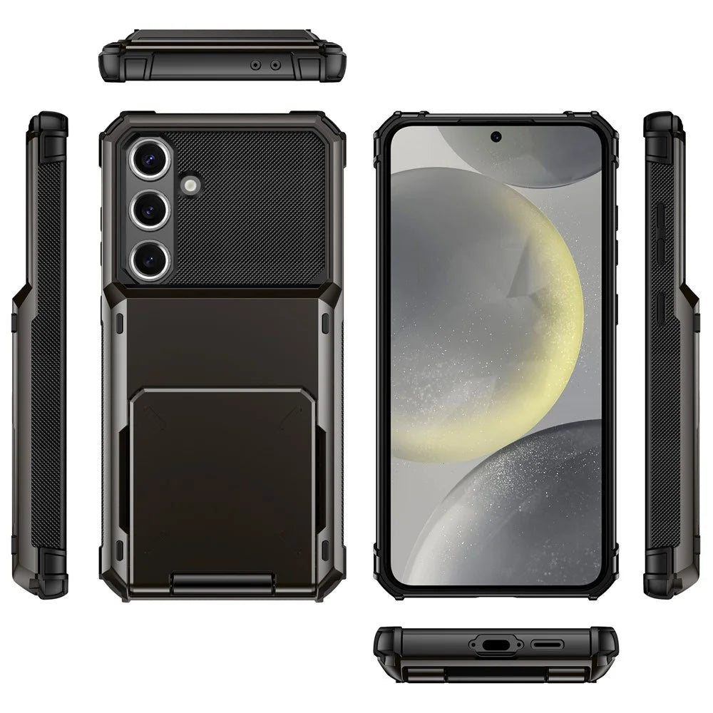 For Samsung Galaxy S24 FE Case PC+TPU Dual Layer Back Phone Cover with Card Holder - Black - 2