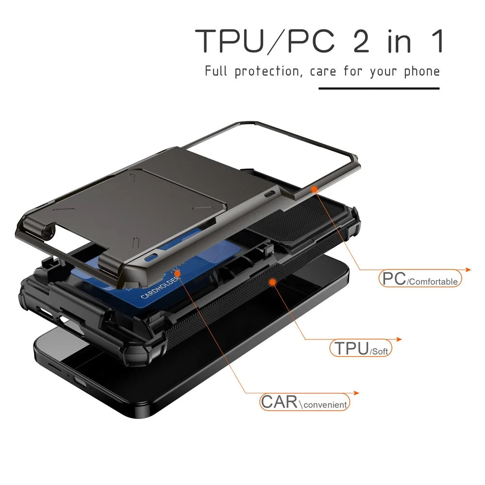 For Samsung Galaxy S24 FE Case PC+TPU Dual Layer Back Phone Cover with Card Holder - Black - 6