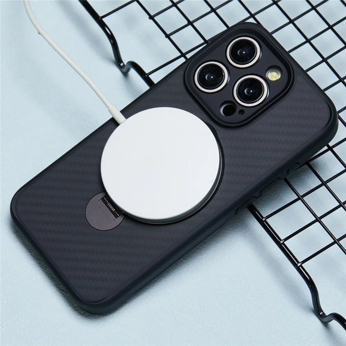 For iPhone 15 Pro Max Case Hidden Magnetic Kickstand TPU+PC Phone Cover with Carbon Fiber Texture - 4