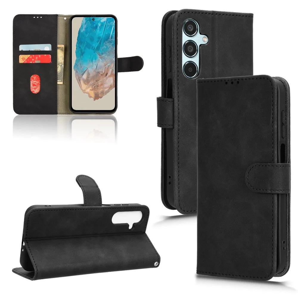 For Samsung Galaxy M35 5G Case Skin-Feel Leather Anti-Drop Wallet Flip Phone Cover - Black - 6
