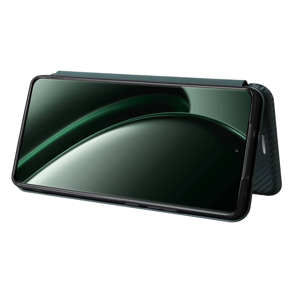 For Realme GT 6 5G / 6T 5G / Neo6 SE 5G / Neo6 5G Case Card Slot Carbon Fiber Texture Leather Phone Cover - Green - 3
