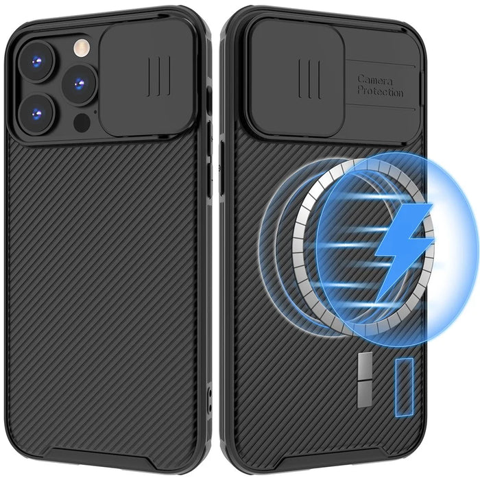 For iPhone 15 Pro Max Case PC+TPU Magnetic Phone Shell with Slide Camera Cover - Black - 2